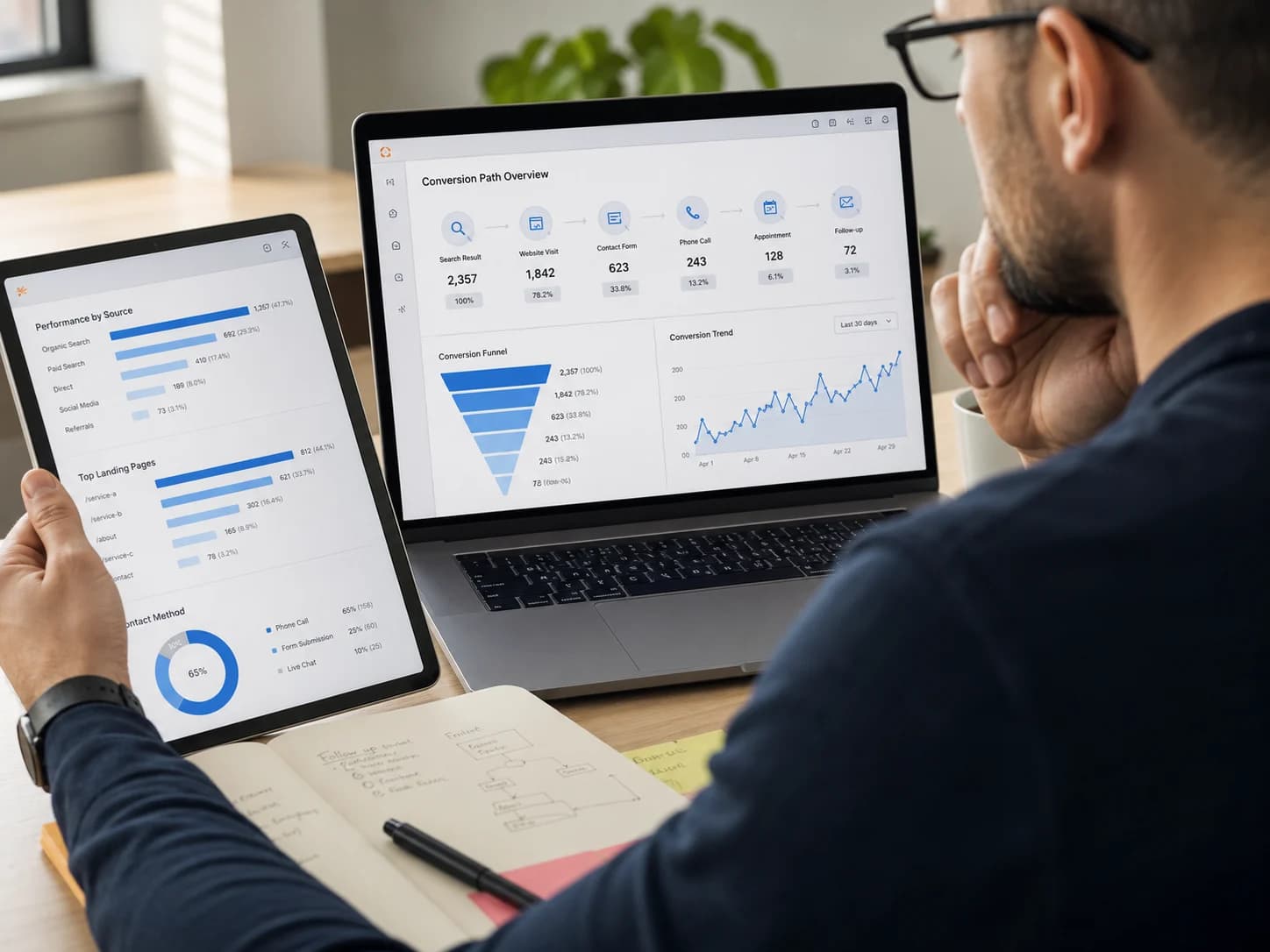 Local lead conversion path dashboard on a laptop and tablet