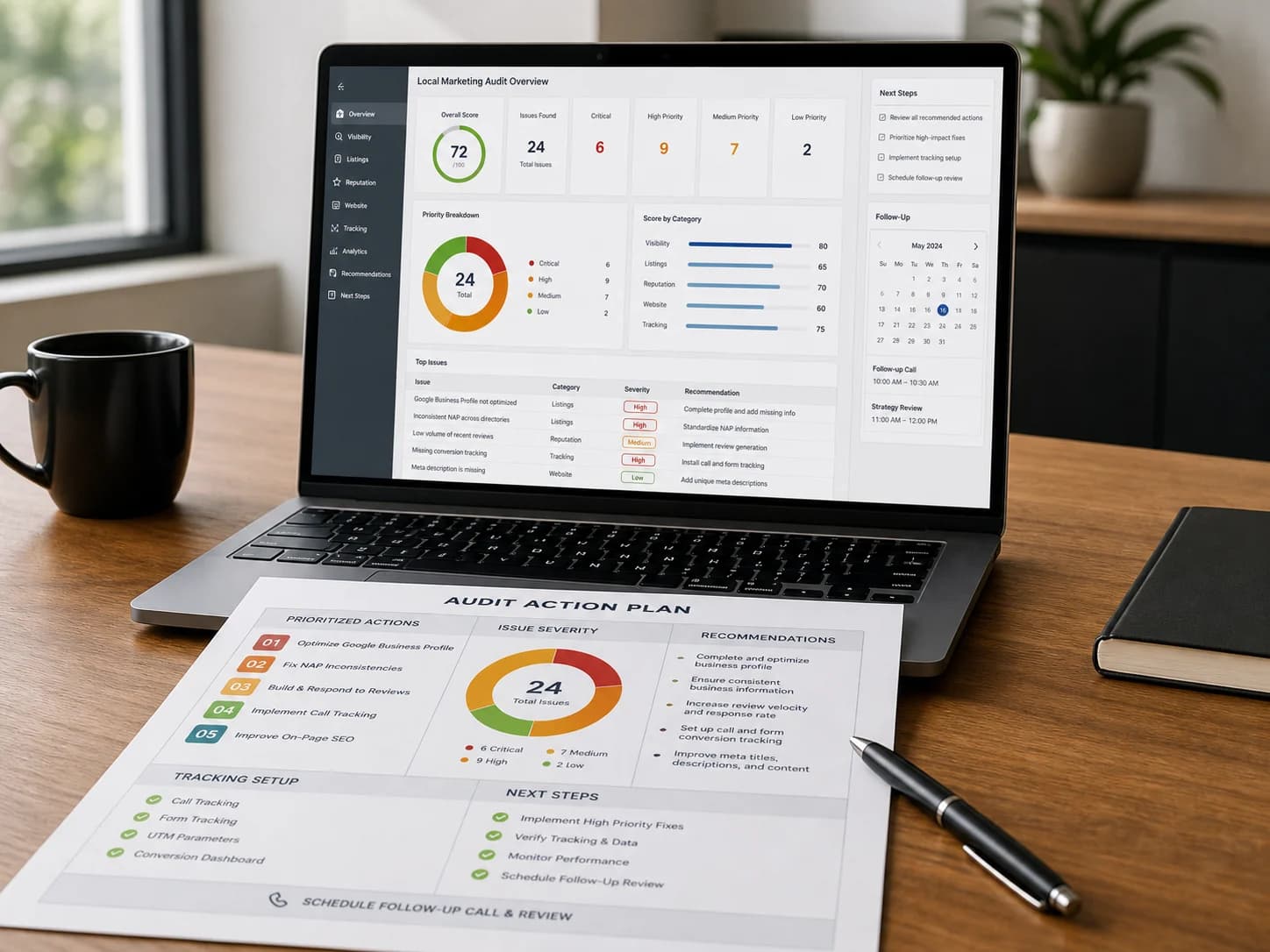 Local marketing audit action plan report on a desk